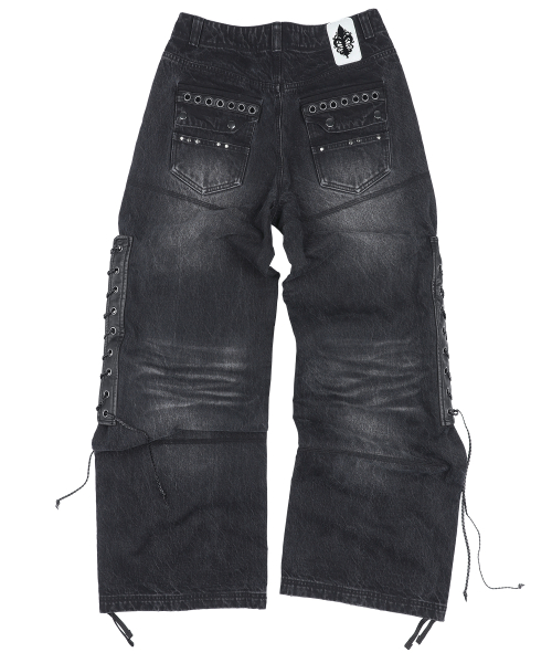 GBOP002 사이드 코르셋 레귤러핏 워시드 블랙 데님 팬츠 G26BD8002BK (BLACK)