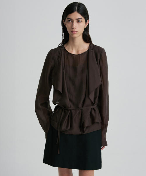 TIE-DETAIL GATHERED-WAIST BLOUSE TRUFFLE
