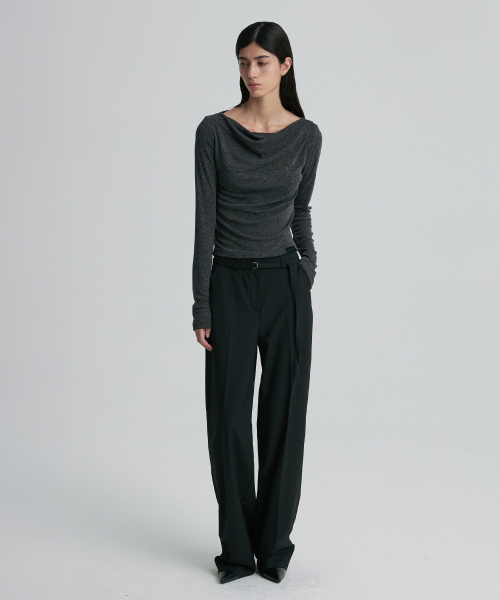 WOOL BLEND BELTED TROUSERS BLACK