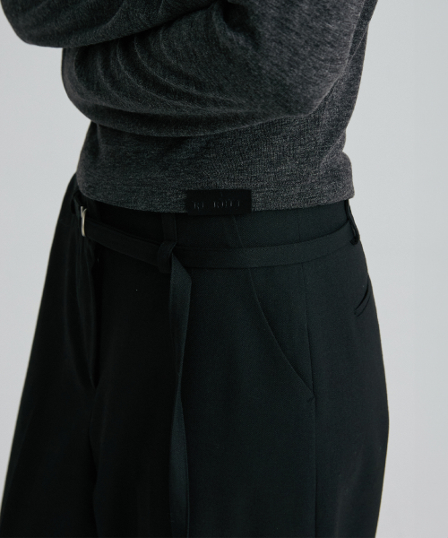 WOOL BLEND BELTED TROUSERS BLACK