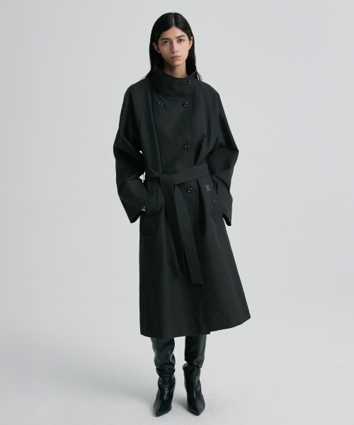 FUNNEL NECK BELTED TRENCH COAT BLACK