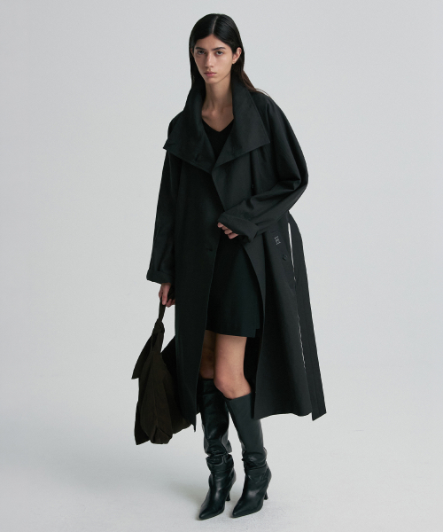 FUNNEL NECK BELTED TRENCH COAT BLACK