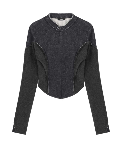 Raw-Cut Cropped Knit Jacket / Charcoal