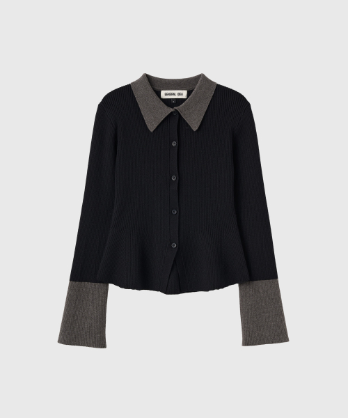 woman collar-sleeve color-blocked slim cardigan [black]
