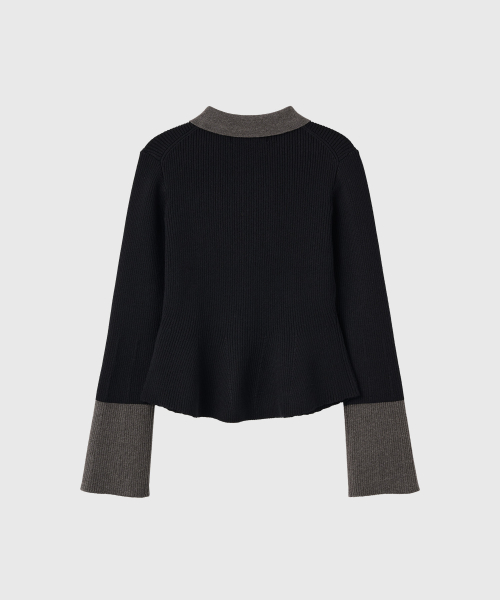 woman collar-sleeve color-blocked slim cardigan [black]