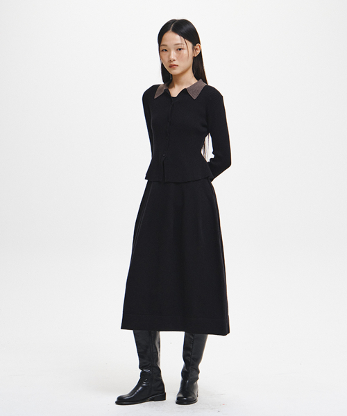 woman collar-sleeve color-blocked slim cardigan [black]