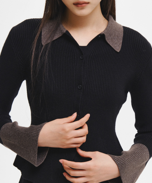 woman collar-sleeve color-blocked slim cardigan [black]