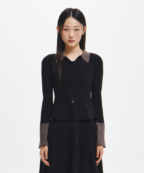 woman collar-sleeve color-blocked slim cardigan [black]