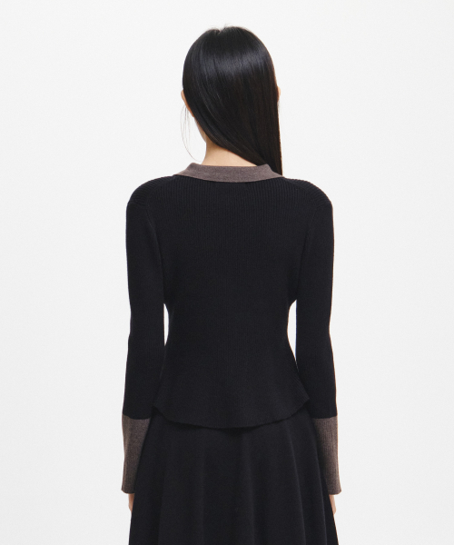 woman collar-sleeve color-blocked slim cardigan [black]