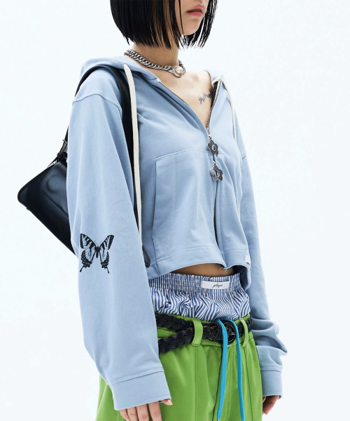 Butterfly Cropped Shirt Hoodie Zip-up (Light blue)
