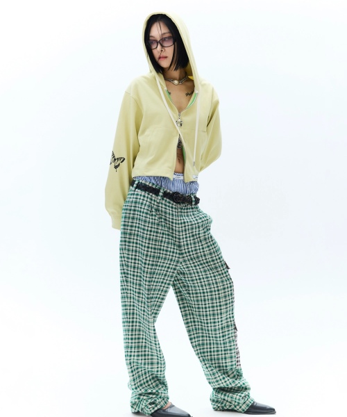 Butterfly Cropped Shirt Hoodie Zip-up (Light yellow)
