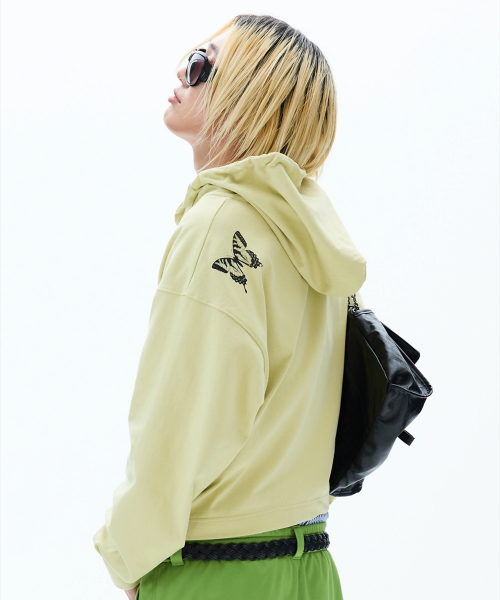 Butterfly Cropped Shirt Hoodie Zip-up (Light yellow)