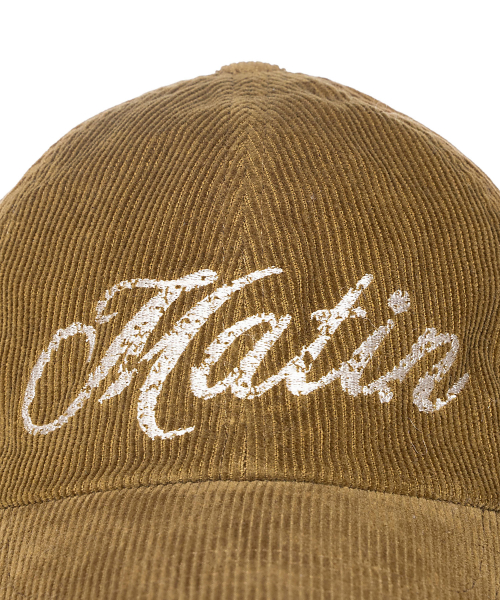 MATIN CRACKED SCRIPT CORDUROY BALL CAP IN KHAKI
