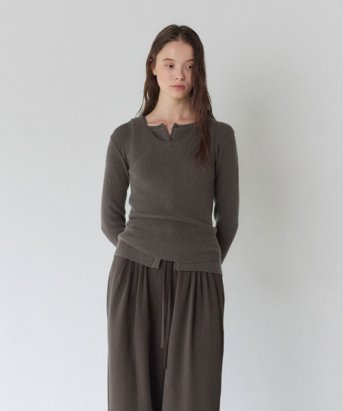 RIB KNIT CARDIGAN SET-UP, KHAKI BEIGE