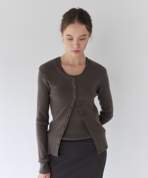RIB KNIT CARDIGAN SET-UP, KHAKI BEIGE