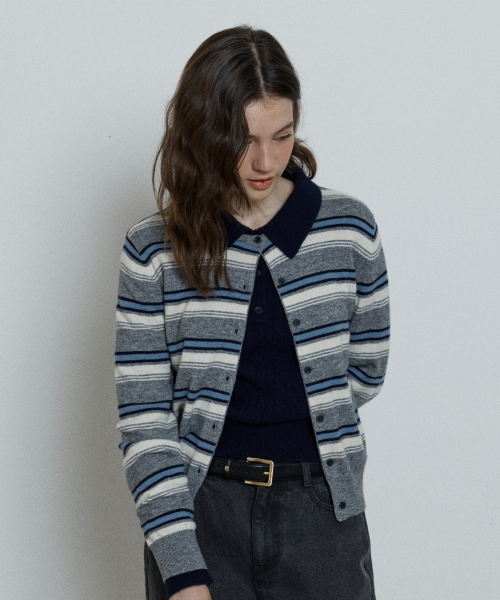 wool stripe knit cardigan - grey