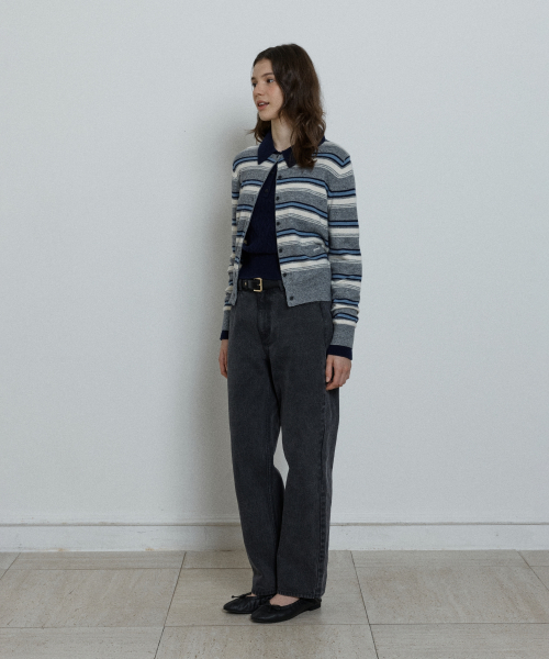 wool stripe knit cardigan - grey