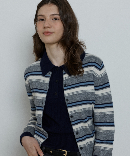 wool stripe knit cardigan - grey