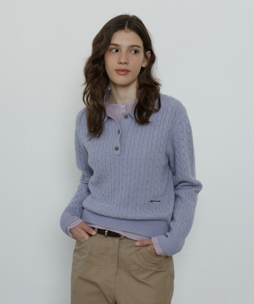 cashmere blend collar cable pullover - lilac