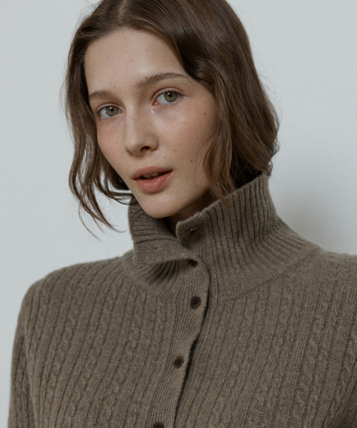 cashmere blend high neck cable cardigan - khaki beige