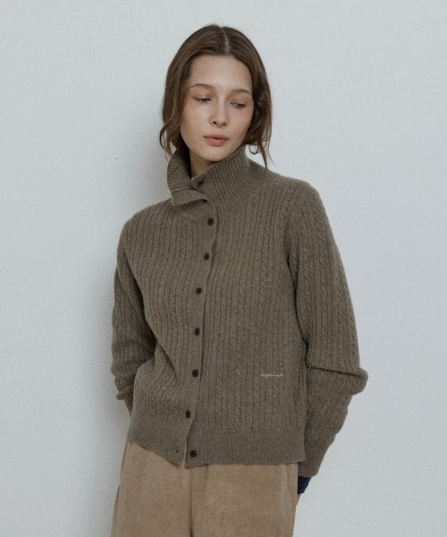 cashmere blend high neck cable cardigan - khaki beige