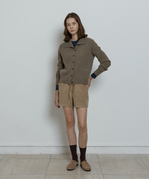 cashmere blend high neck cable cardigan - khaki beige
