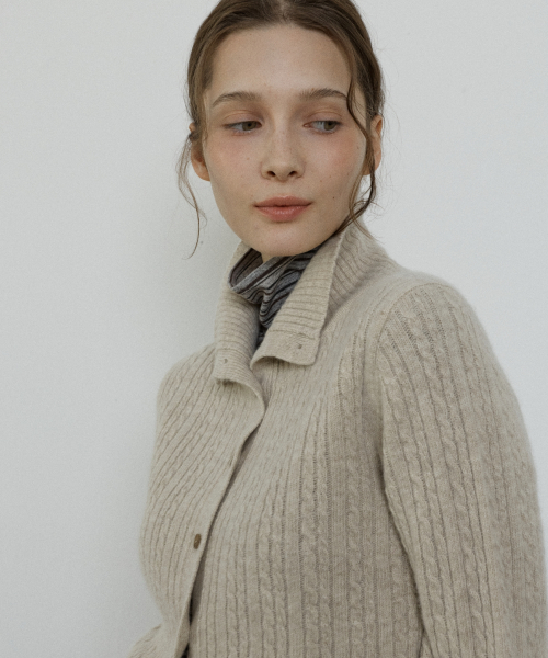 cashmere blend high neck cable cardigan - oatmeal