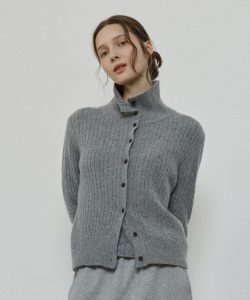 cashmere blend high neck cable cardigan - grey