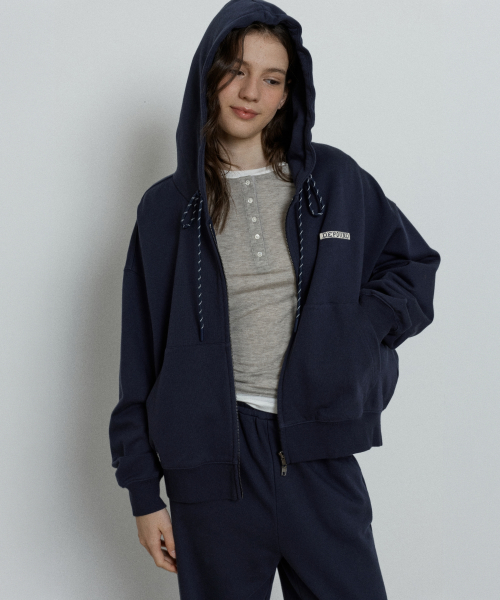 relaxed hood zip up - navy