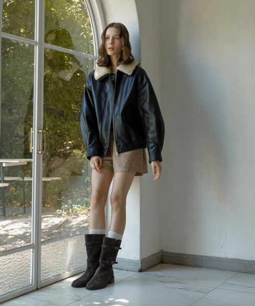 detachable shearling collar leather bomber jacket - black