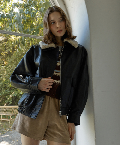 detachable shearling collar leather bomber jacket - black