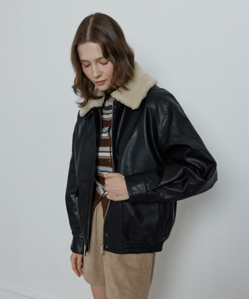 detachable shearling collar leather bomber jacket - black