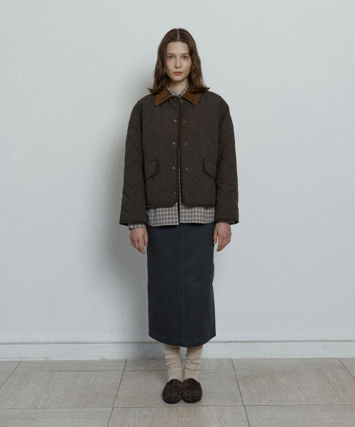 diamond quilted short jacket - khaki brown