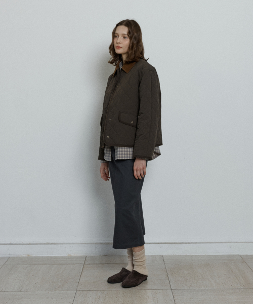 diamond quilted short jacket - khaki brown