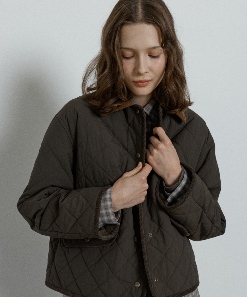 diamond quilted short jacket - khaki brown