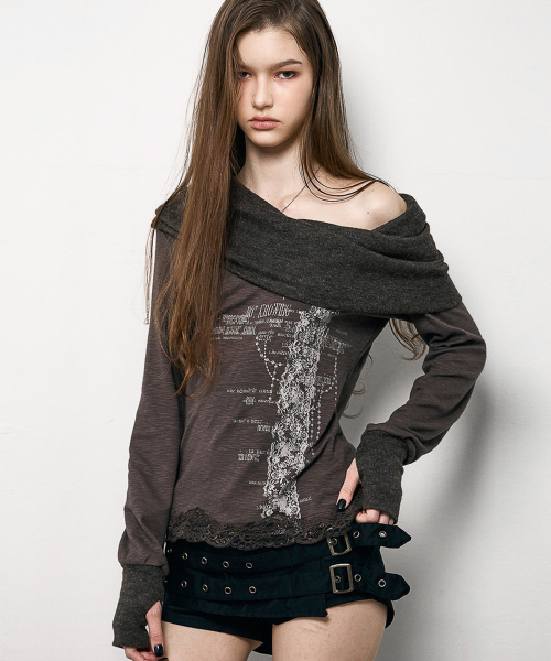 Slouchy-Neck Lace Top (BROWN)