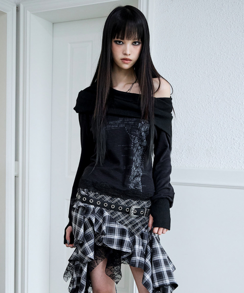 Slouchy-Neck Lace Top (BLACK)