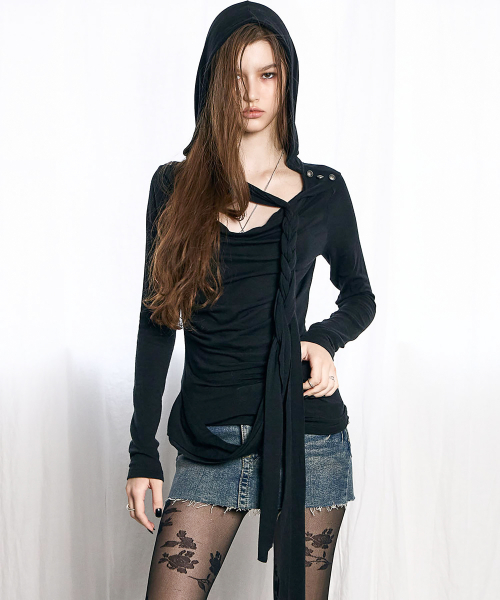 Drape Braided Hoodie (BLACK)