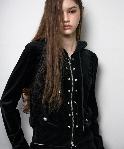 Stud Velour Hood Zip Up (BLACK)
