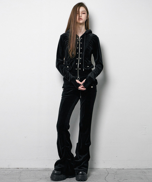 Stud Velour Hood Zip Up (BLACK)