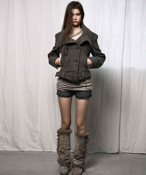 Double-Belted High-Neck Coat (Brown)
