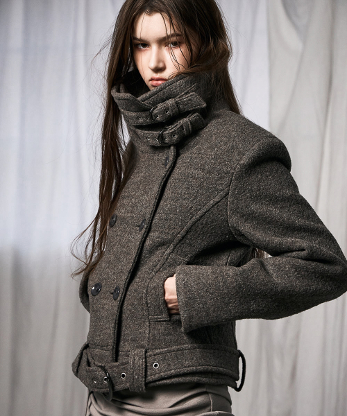 Double-Belted High-Neck Coat (Brown)