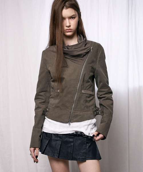 Drape Neck Biker Jacket (KHAKI BROWN)