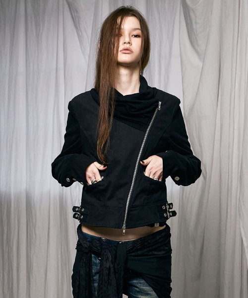 Drape Neck Biker Jacket (BLACK)