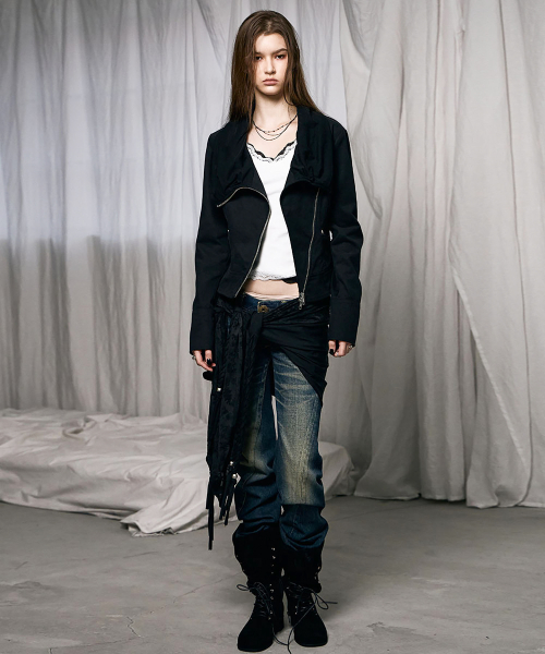 Drape Neck Biker Jacket (BLACK)