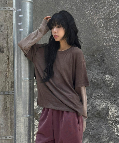 슬럽 레이어드 롱 슬리브[브라운]