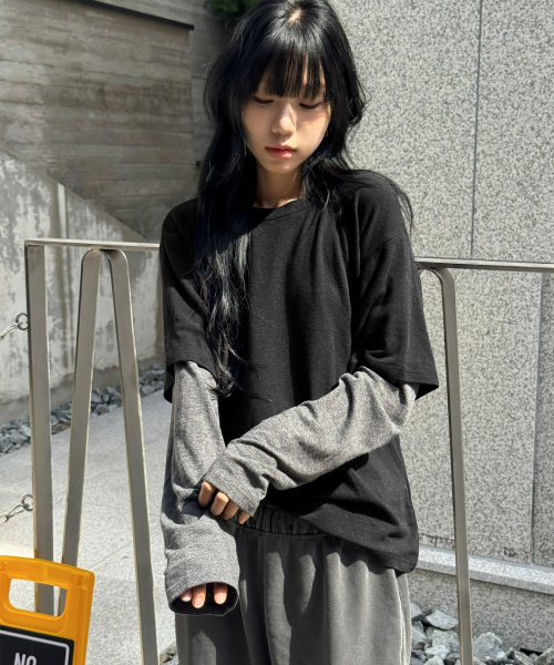 슬럽 레이어드 롱 슬리브[블랙]