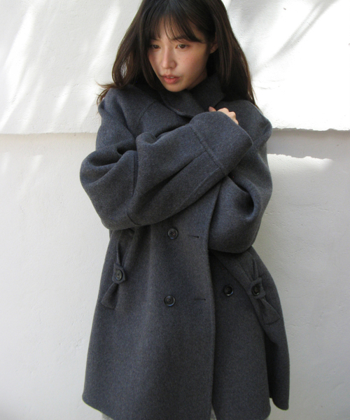 COLLAR RIBBON POCKET HALF COAT CHARCOAL