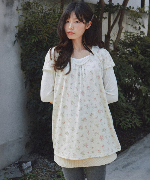 FLORAL LAYERED LONG SLEEVE CREAM