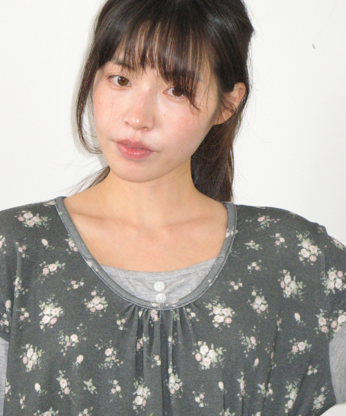 FLORAL LAYERED LONG SLEEVE CHARCOAL